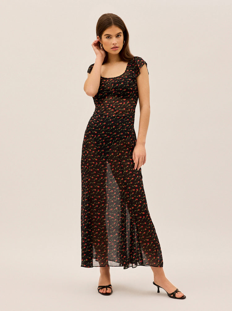Kaia Black Rose Print Maxi Dress By KITRI Studio