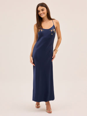 Karla Navy Satin Embroidered Dress By KITRI Studio