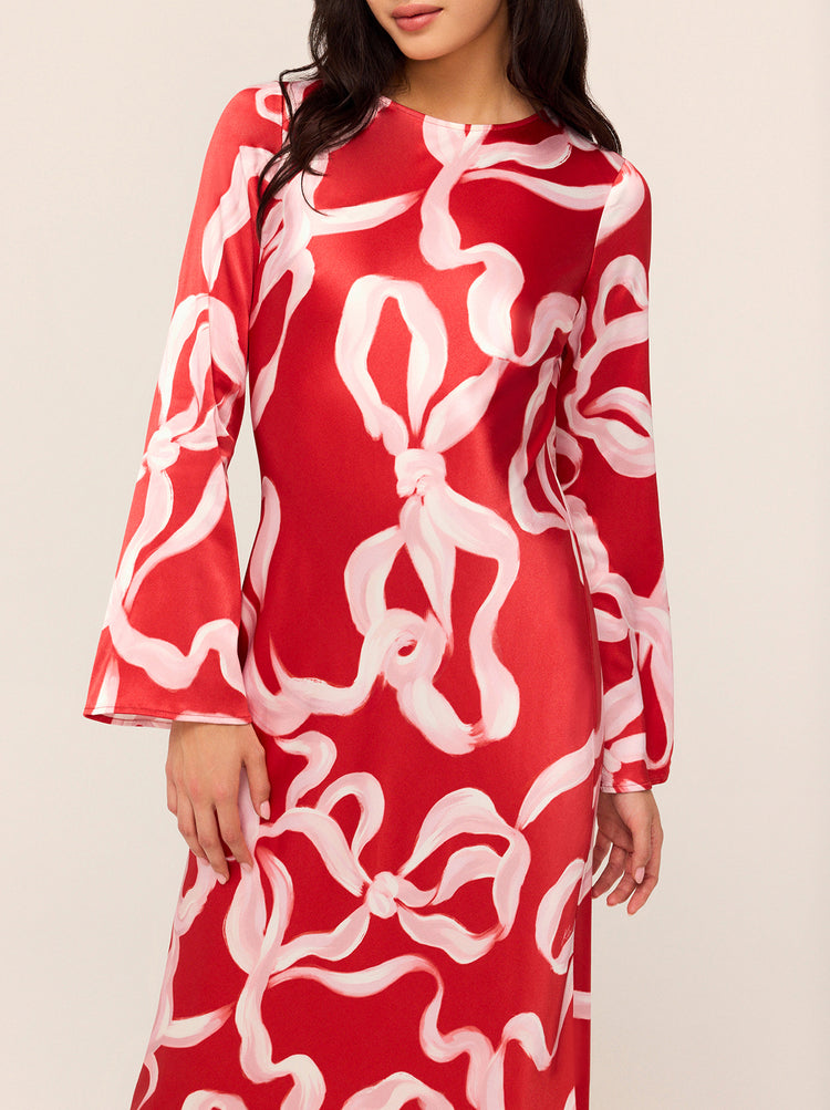 Keira Red Ribbon Print Maxi Dress By KITRI Studio