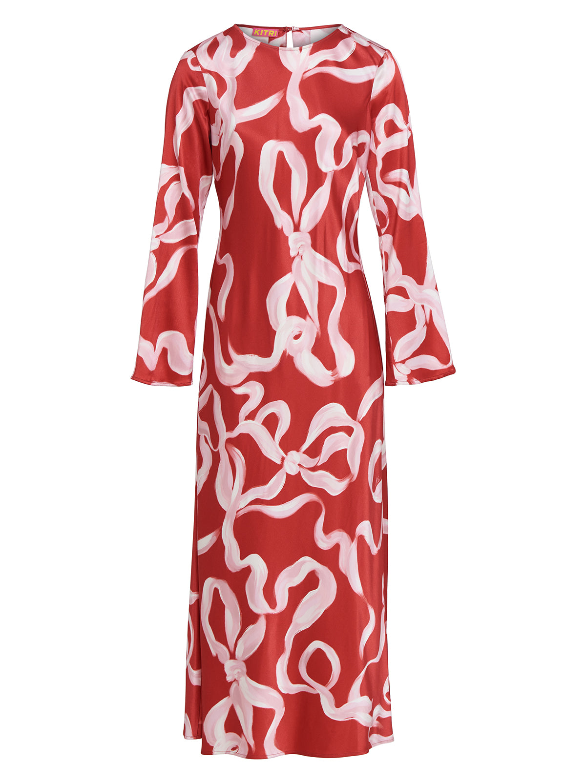 Keira Red Ribbon Print Maxi Dress - Keira is a bias-cut maxi dress with flared sleeves and a scoop neck. Her ballet-inspired ribbon print in KITRI favourite red and pink will live on in your wardrobe season after season. She looks great with heels and knee-high boots.