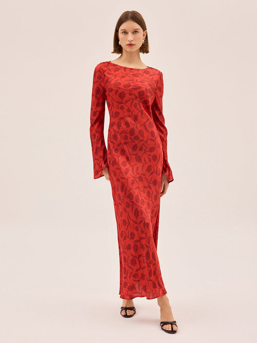 Keira Red Tulip Print Maxi Dress By KITRI Studio