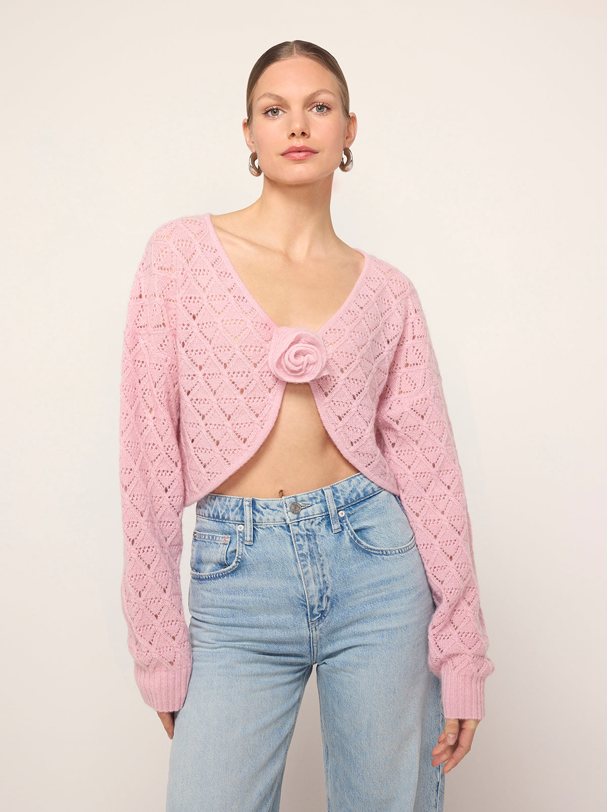 Krissy Pink Pointelle Rose Knit Cardigan By KITRI Studio