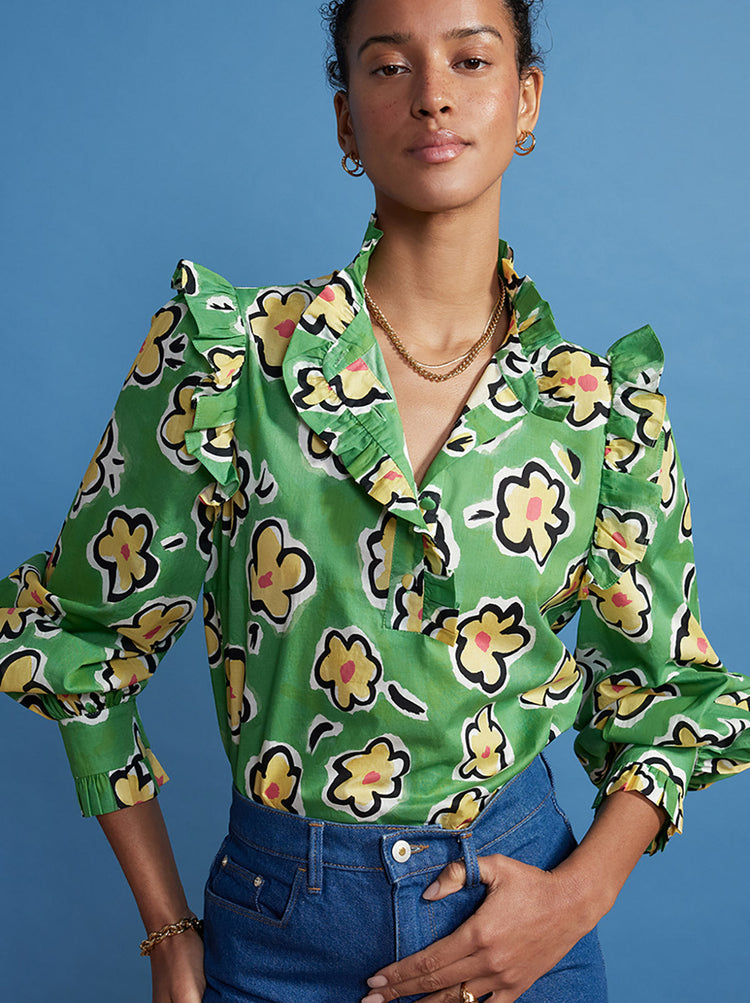 Kyra Green Painted Floral Frilled Cotton Voile Top By KITRI Studio