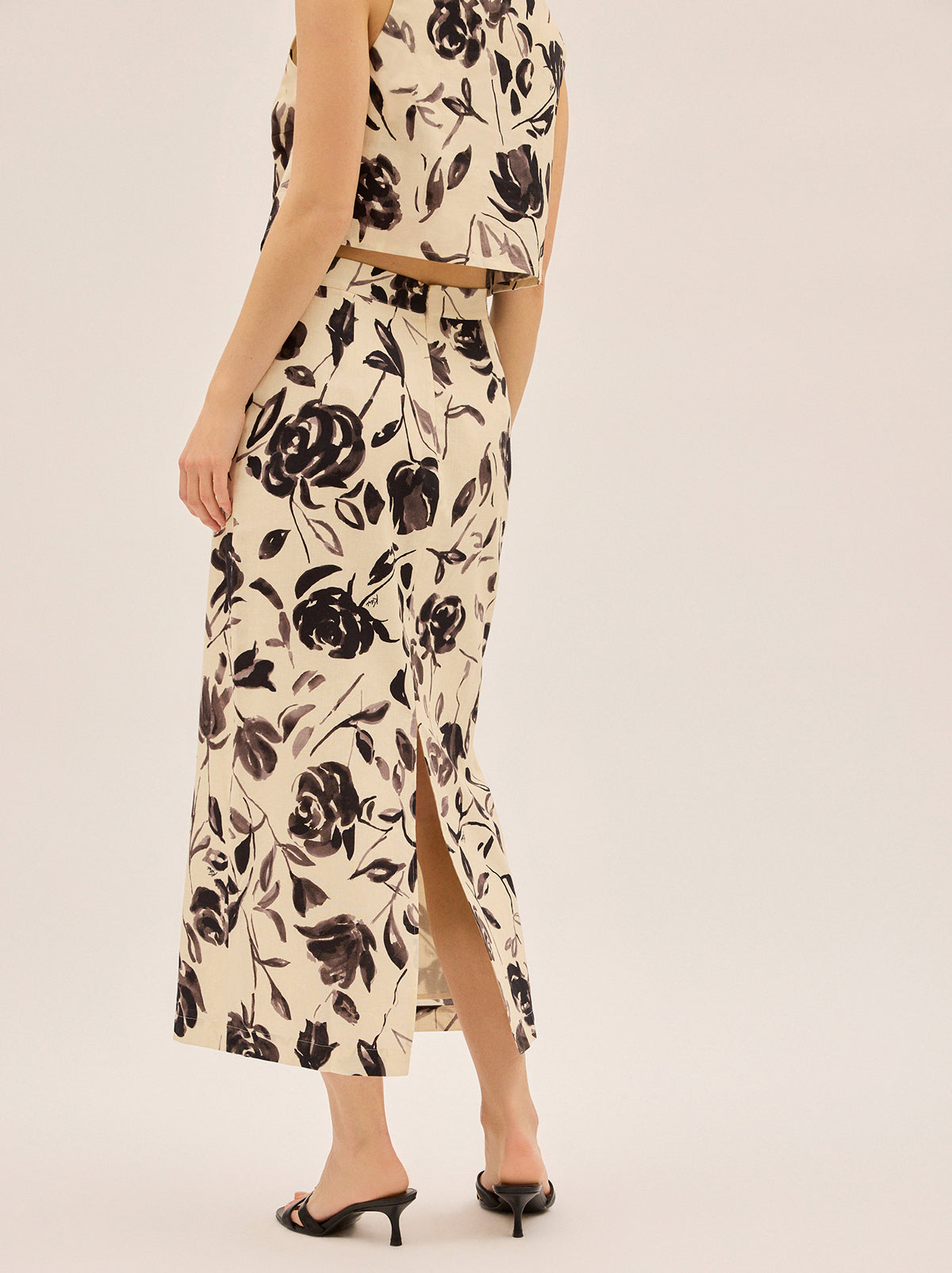 Laurel Monochrome Rose Print Midi Skirt By KITRI Studio