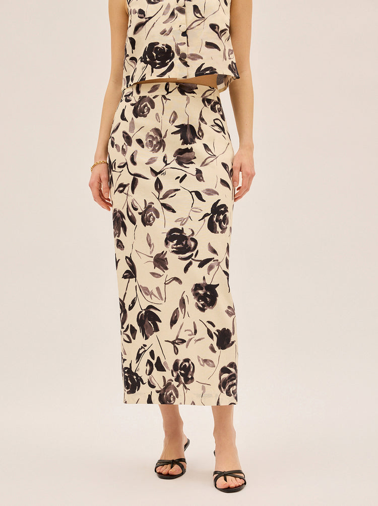 Laurel Monochrome Rose Print Midi Skirt By KITRI Studio