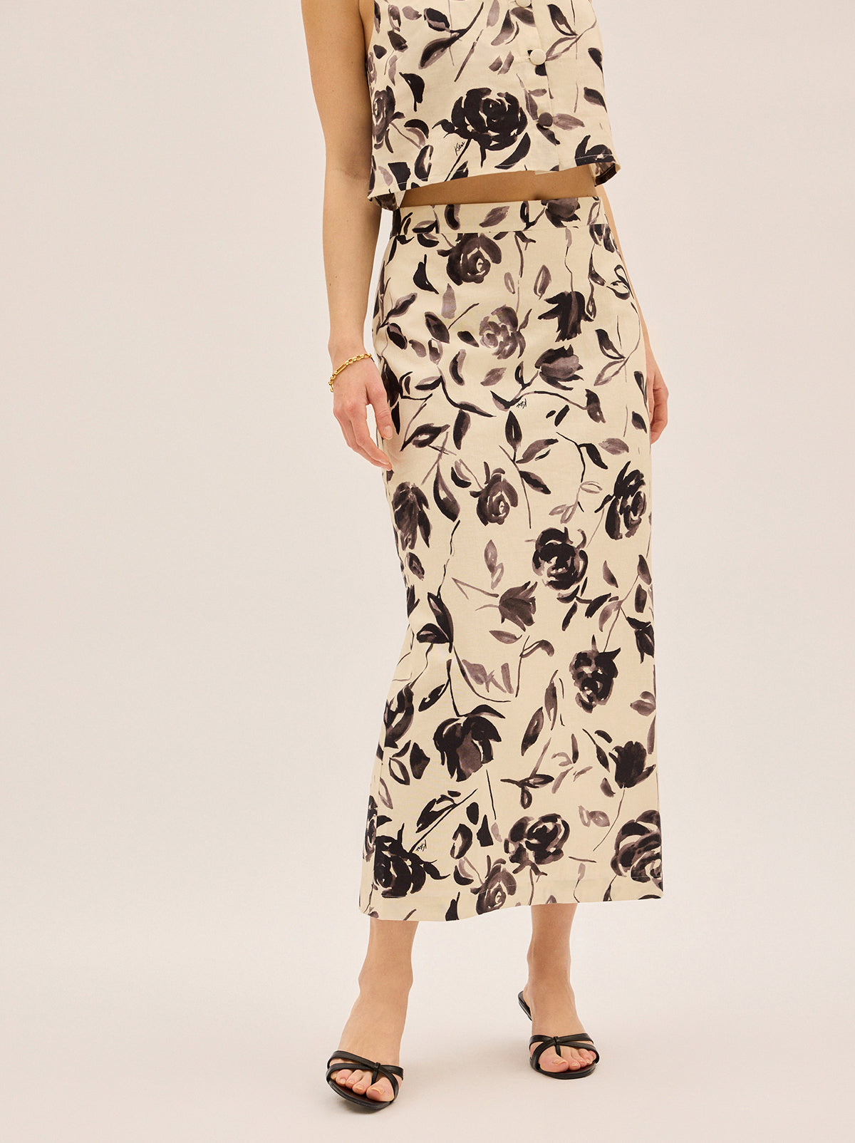 Laurel Monochrome Rose Print Midi Skirt By KITRI Studio