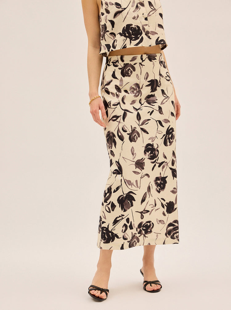 Laurel Monochrome Rose Print Midi Skirt By KITRI Studio