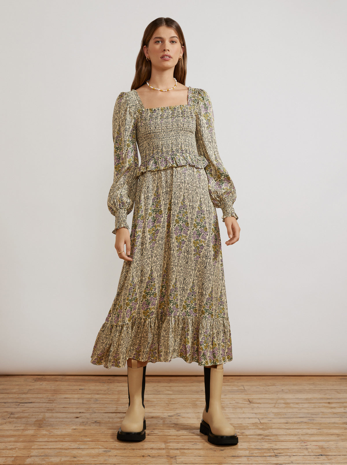 Lauren Vintage Tiled Floral Shirred Dress By KITRI Studio