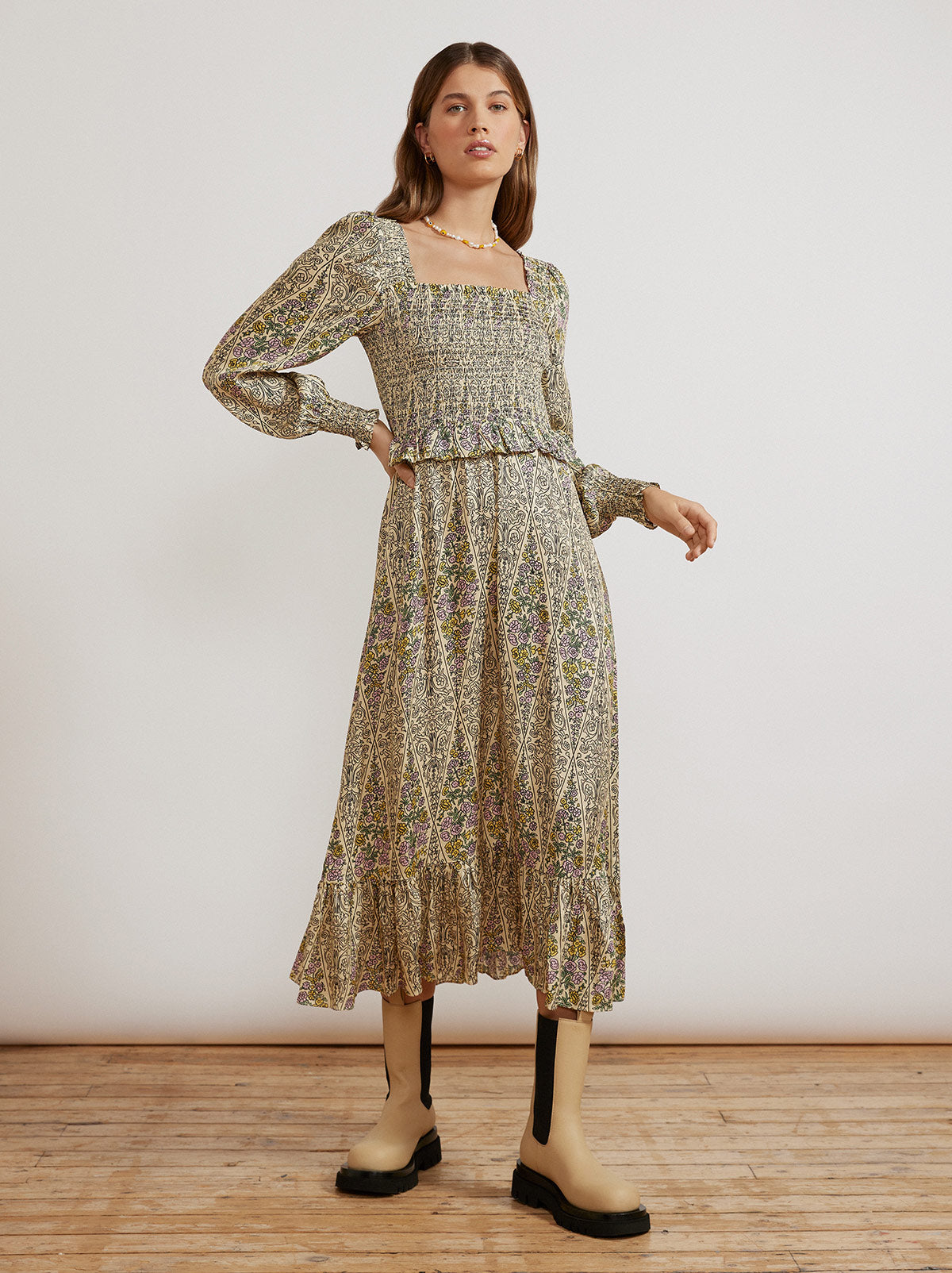 Lauren Vintage Tiled Floral Shirred Dress By KITRI Studio