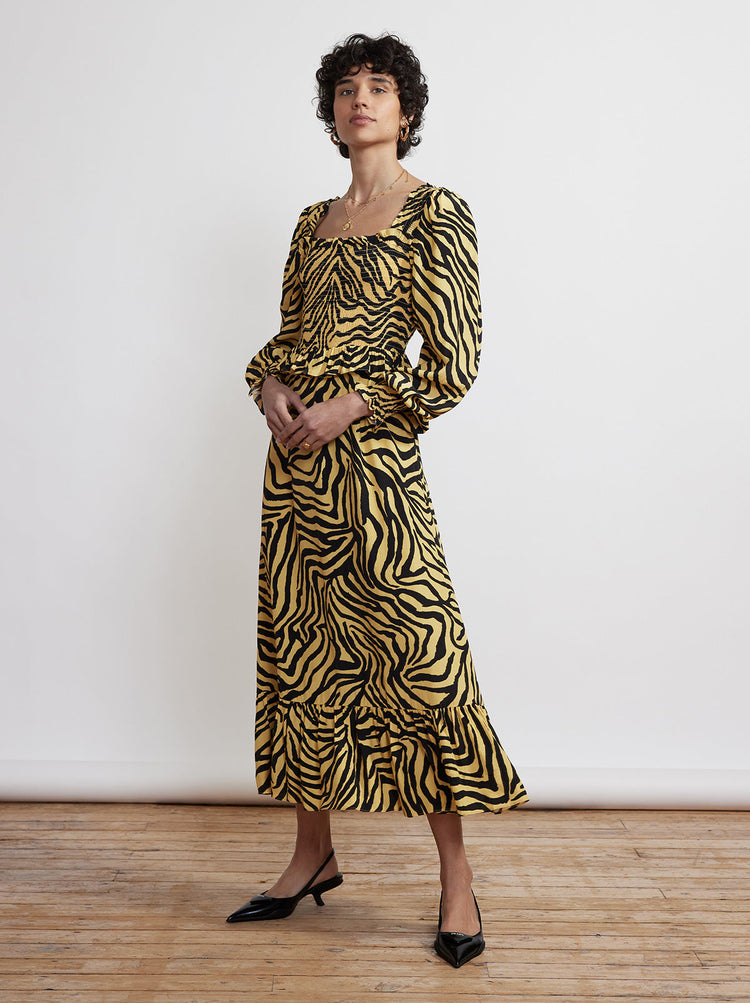 Lauren Yellow Zebra Print Shirred Dress by KITRI Studio