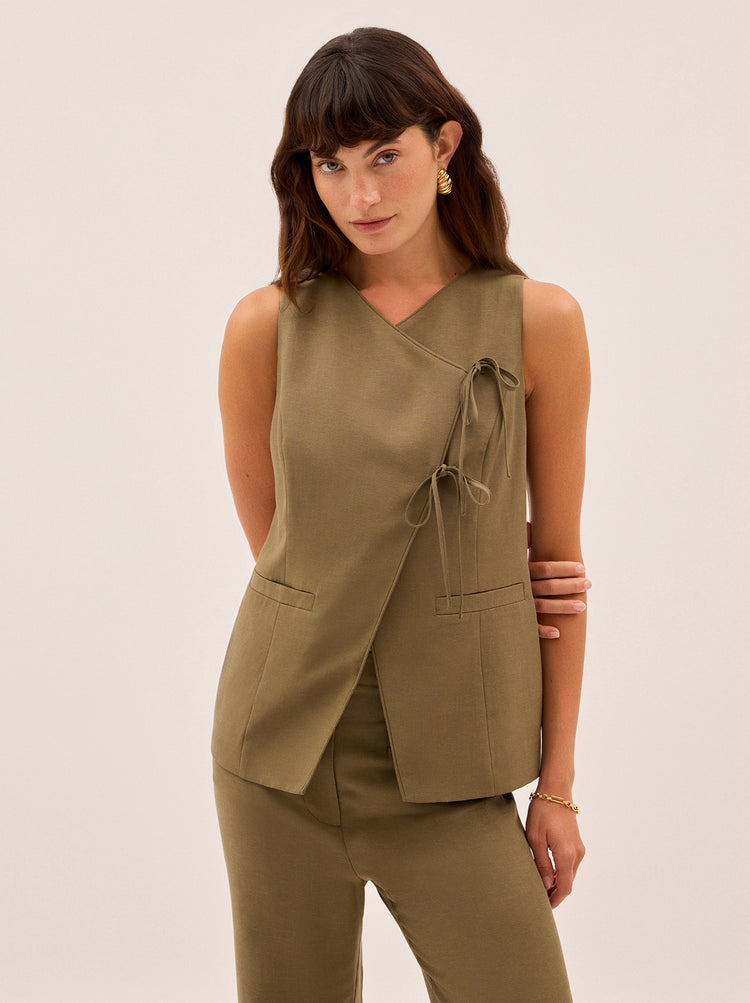 Lea Khaki Tie Front Waistcoat By KITRI Studio