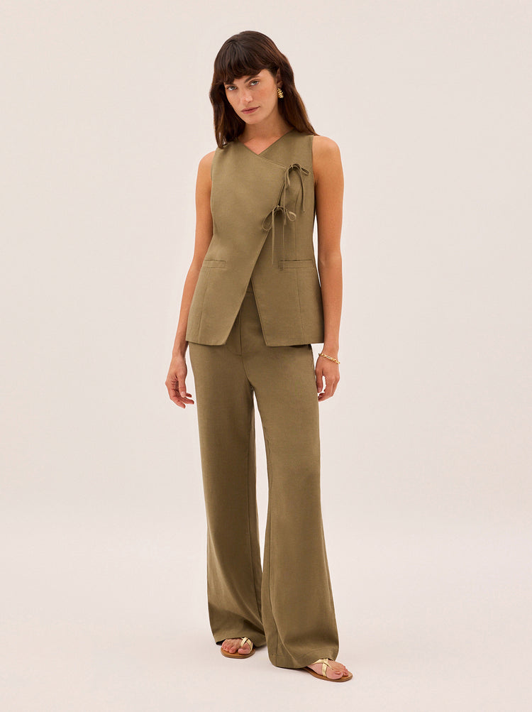 Lea Khaki Tie Front Waistcoat By KITRI Studio