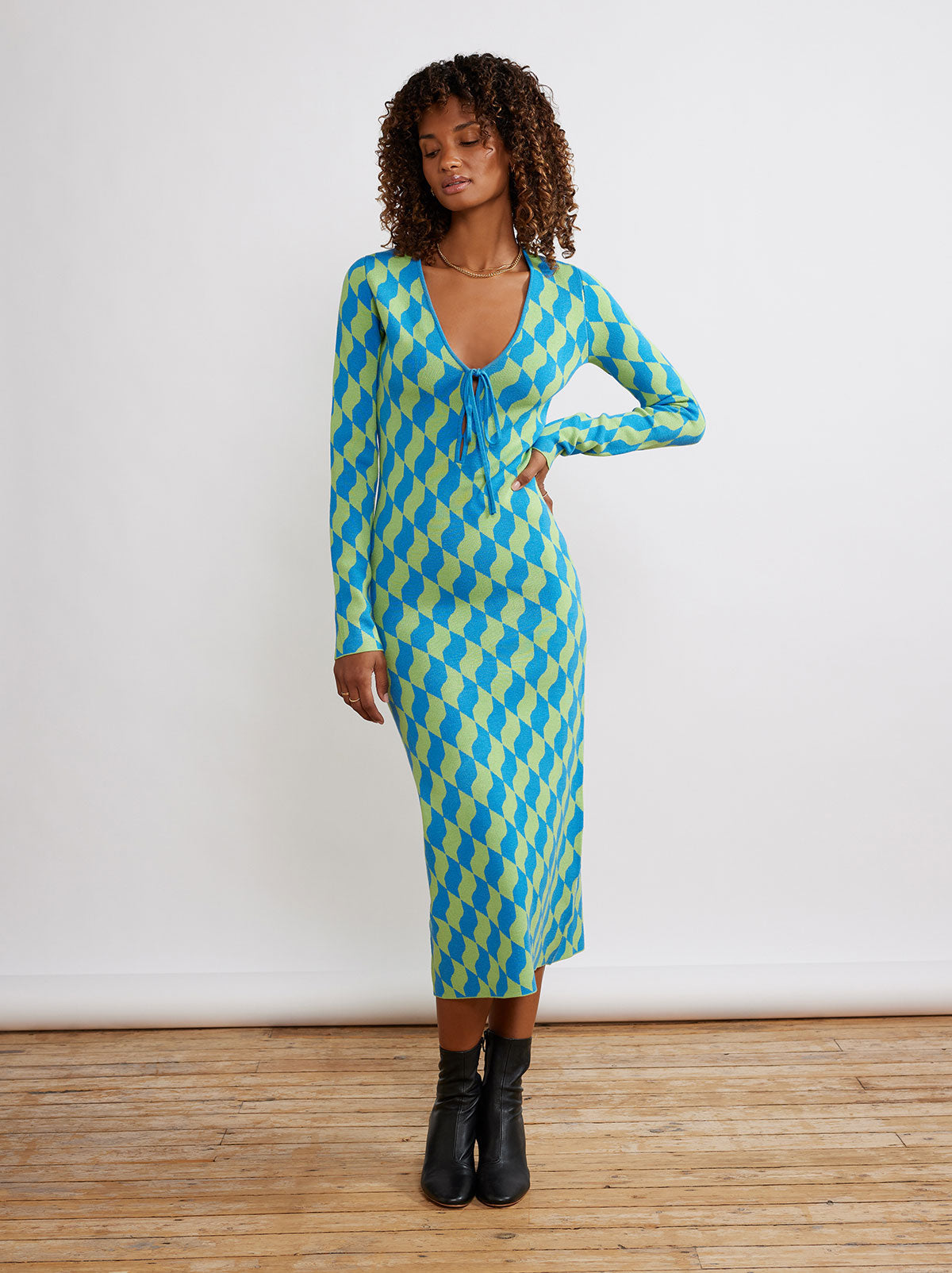 Leah Green Wavy Tile Knit Dress By KITRI Studio