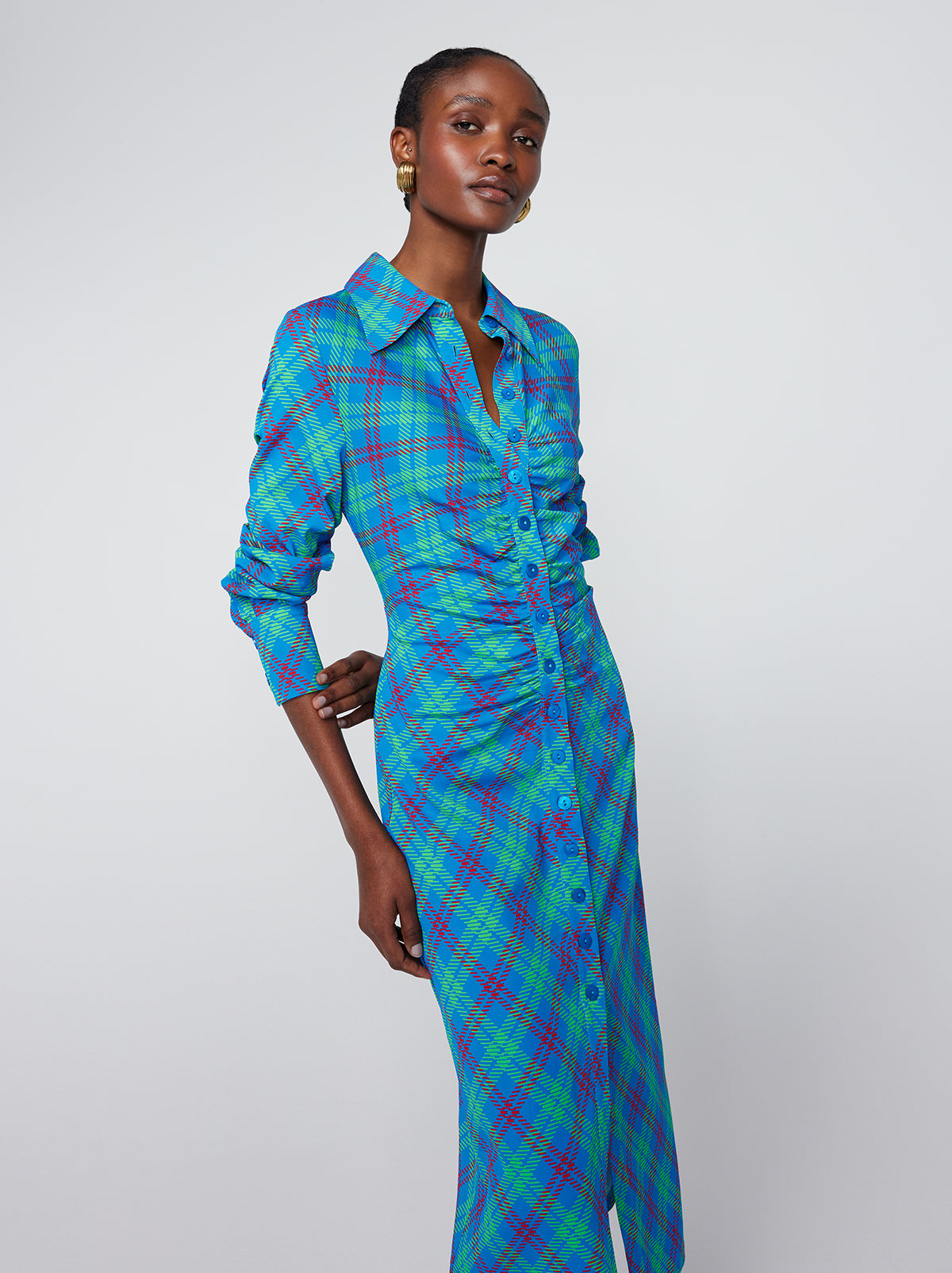 Lennox Blue Check Ruched Shirt Dress By KITRI Studio