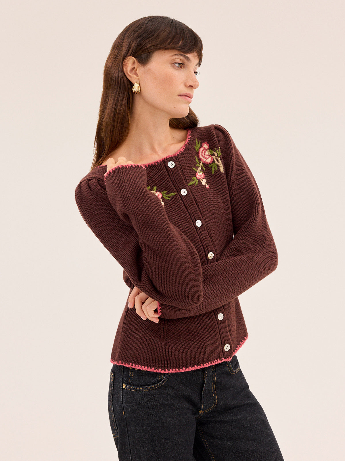 Leonie Chocolate Embroidered Knit Cardigan By KITRI Studio