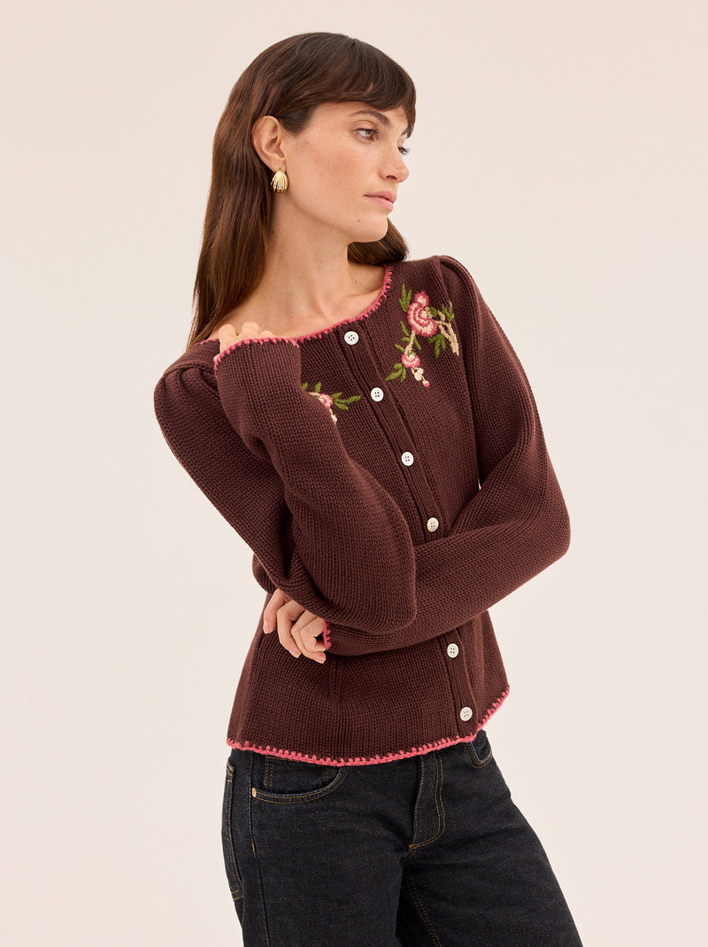 Leonie Chocolate Embroidered Knit Cardigan By KITRI Studio