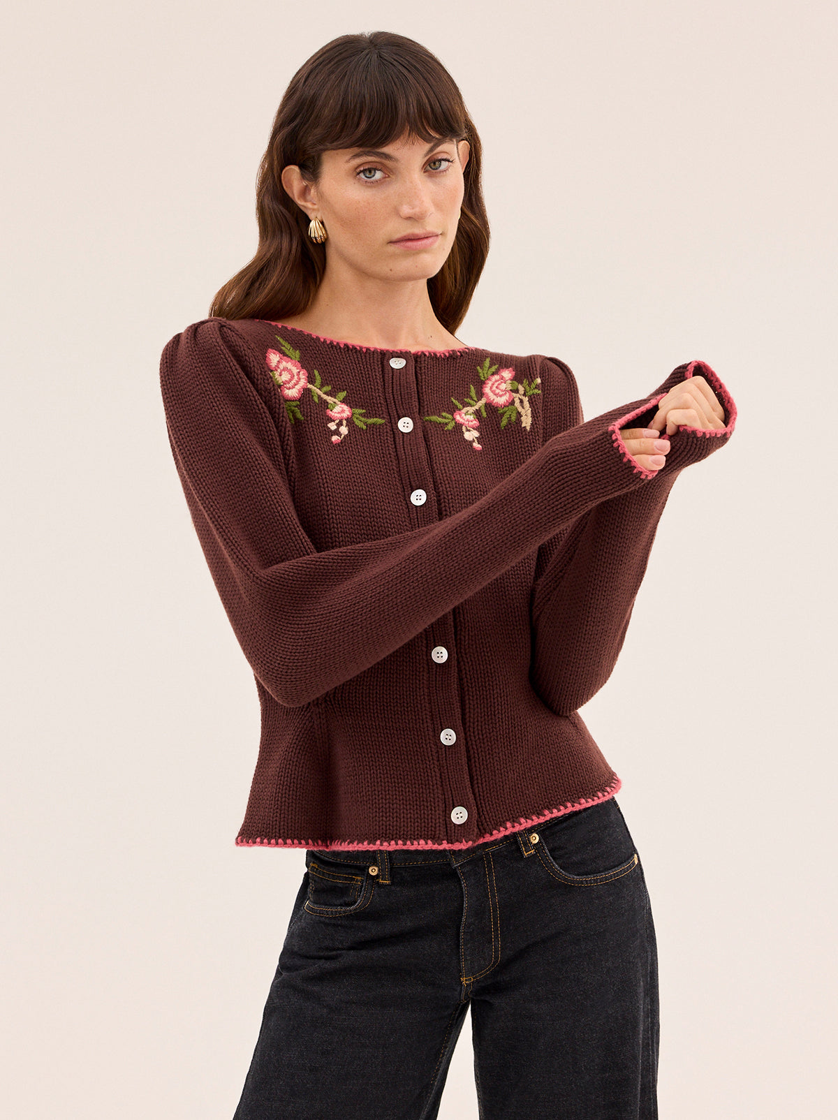 Leonie Chocolate Embroidered Knit Cardigan By KITRI Studio