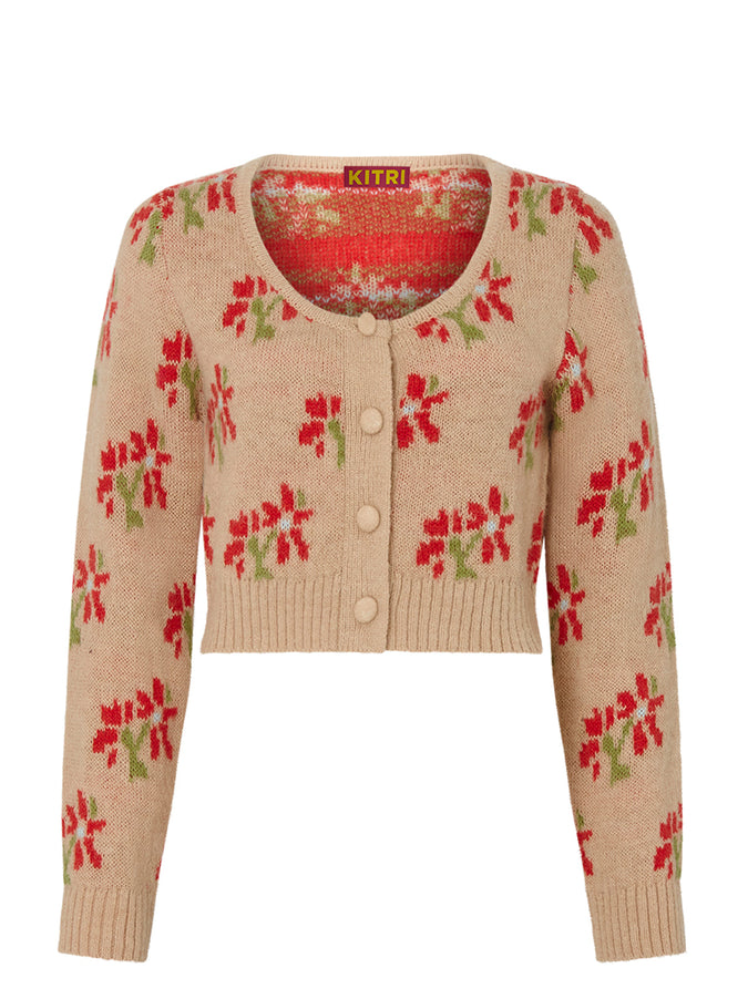 Lila Camel Floral Cropped Knit Cardigan | KITRI Studio