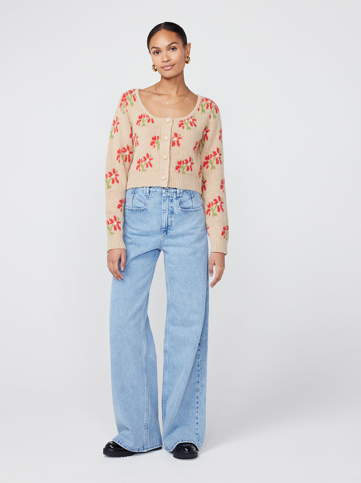 Lila Camel Floral Cropped Knit Cardigan