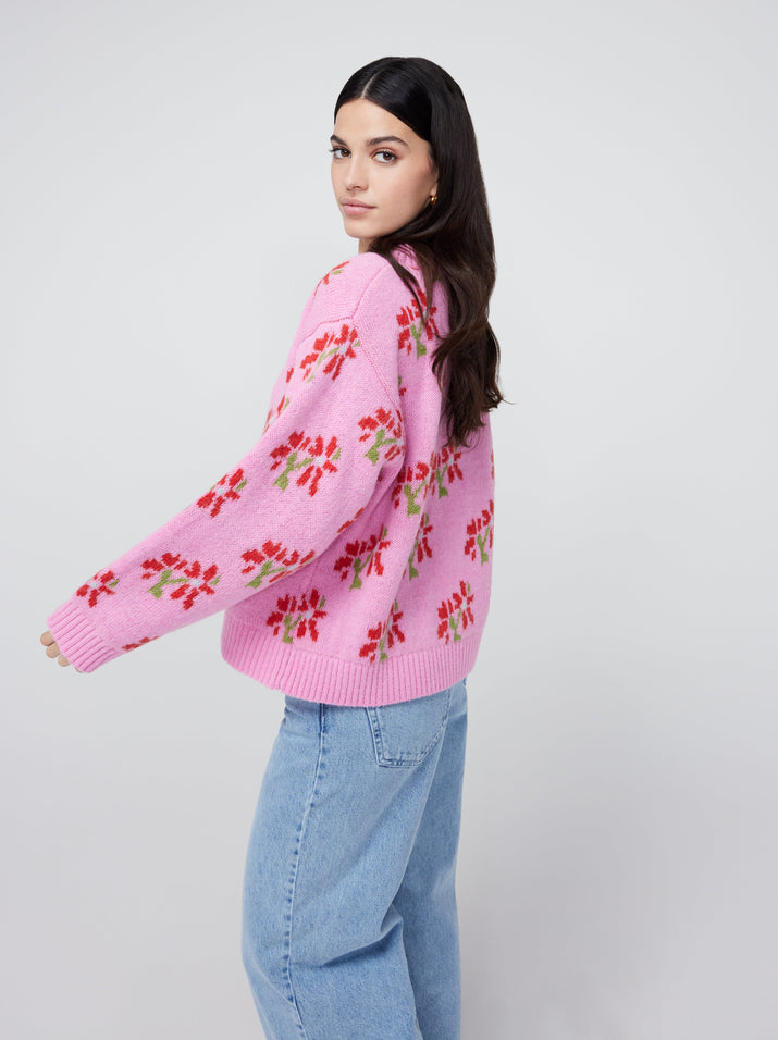 Linnea Pink Floral V-Neck Knit Sweater | KITRI Studio