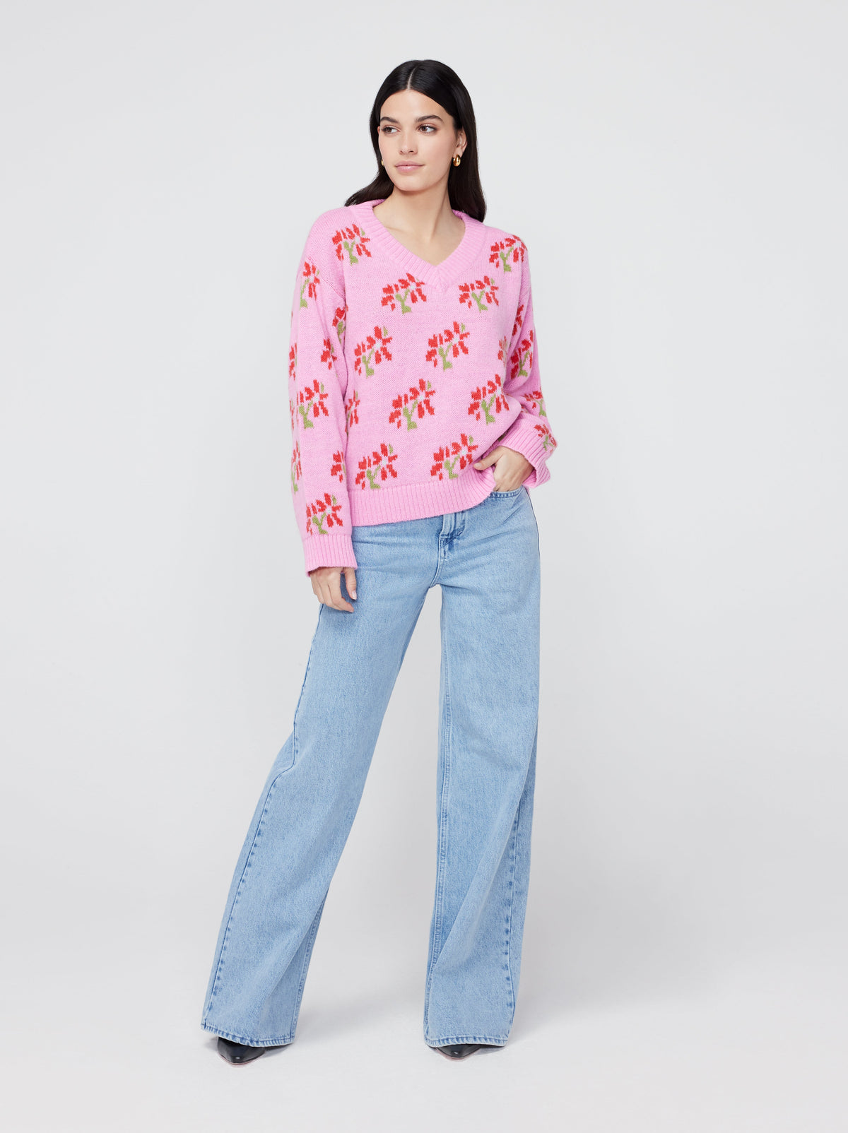 Linnea Pink Floral V-Neck Knit Sweater By KITRI Studio