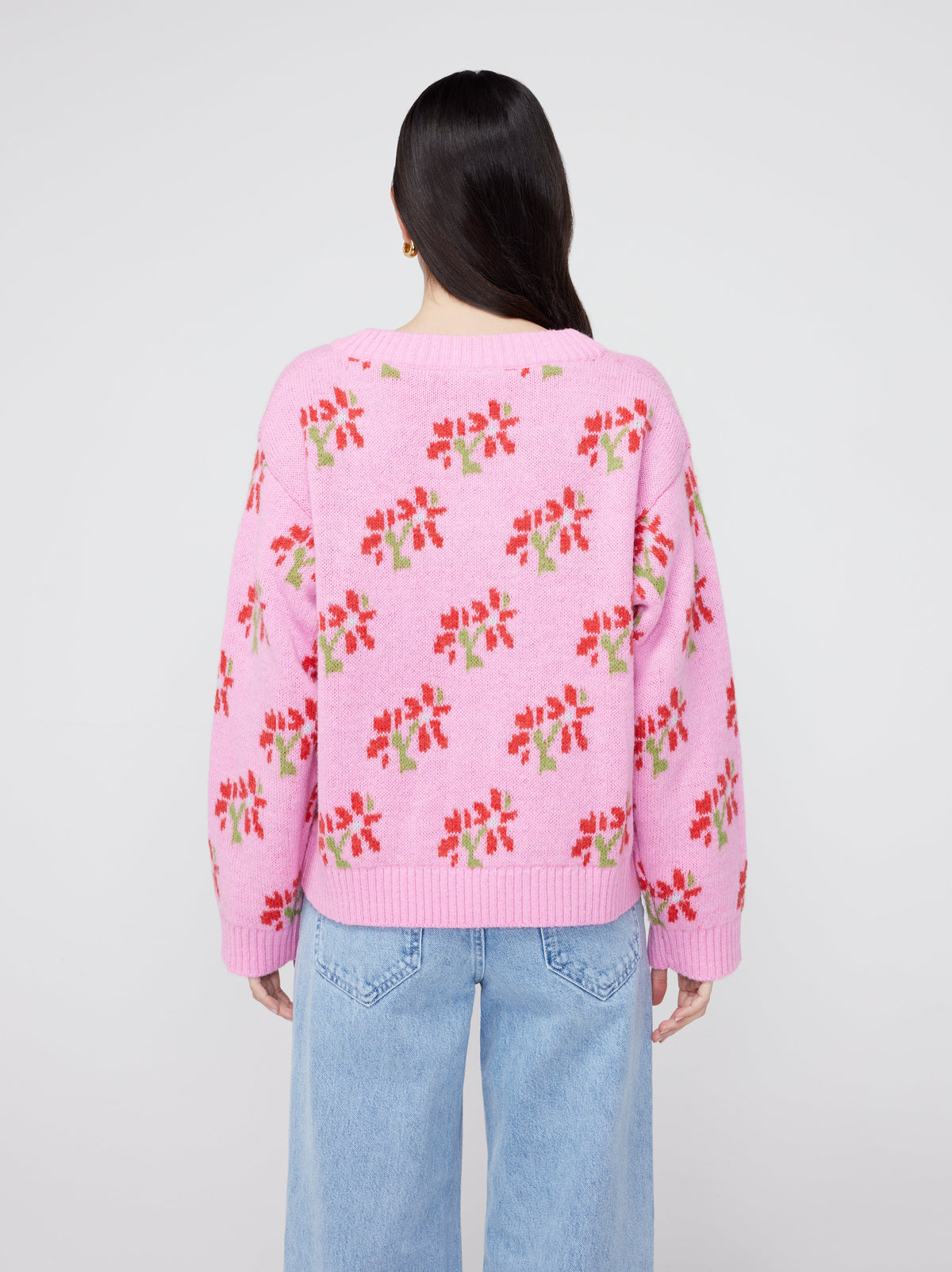 Linnea Pink Floral V-Neck Knit Sweater By KITRI Studio