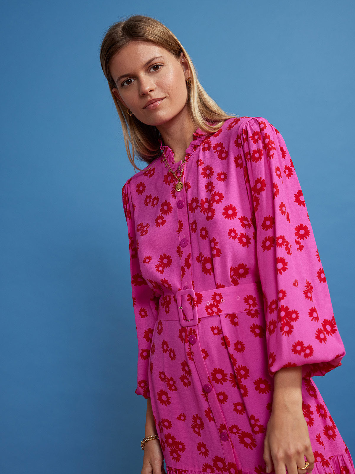 Lori Pink Daisy Print Shirt Dress By KITRI Studio