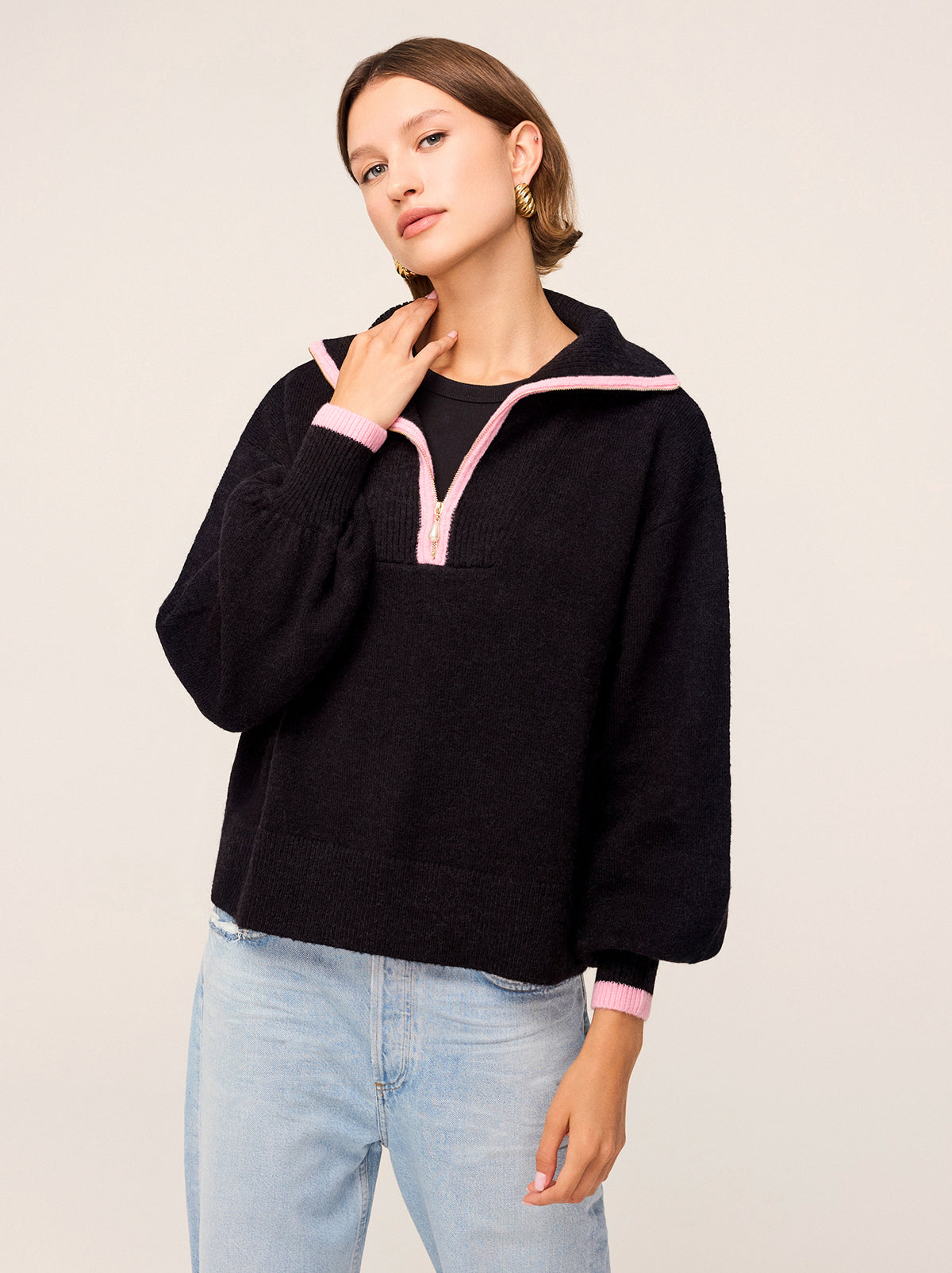 Lorna Black Alpaca Blend Zip Collar Sweater | KITRI Studio