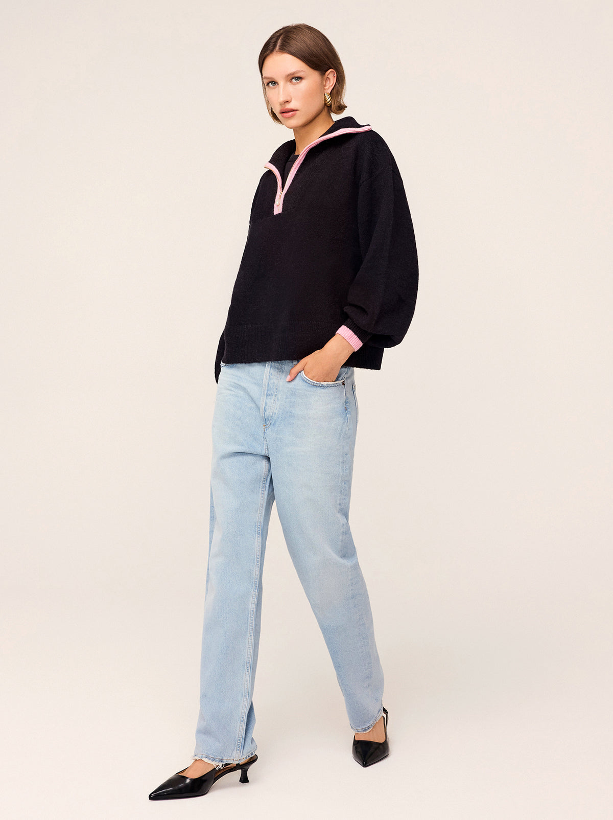 Lorna Black Alpaca Blend Zip Collar Sweater By KITRI Studio