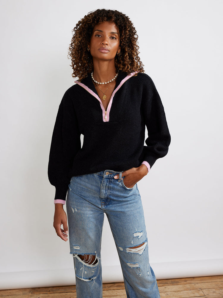 Lorna Black Alpaca Blend Zip Collar Sweater by KITRI Studio
