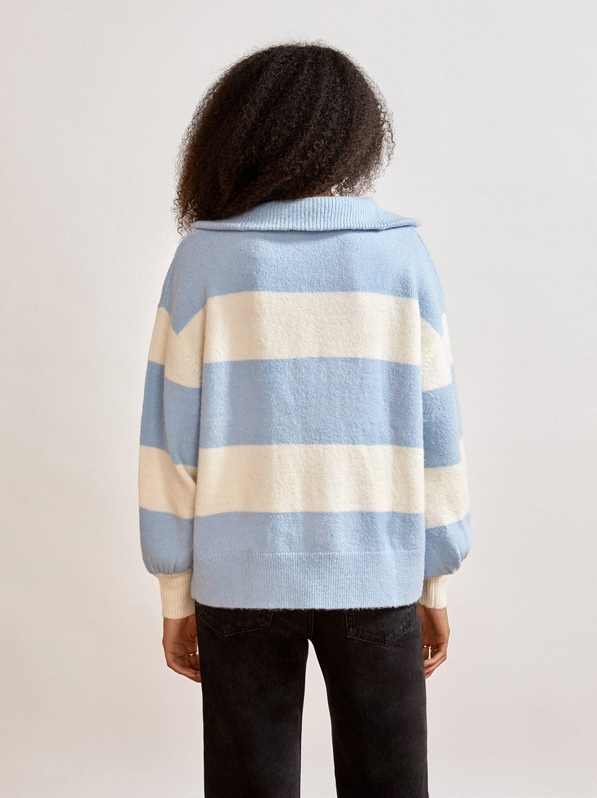 Lorna Blue Striped Alpaca Blend Zip Collar Sweater By KITRI Studio
