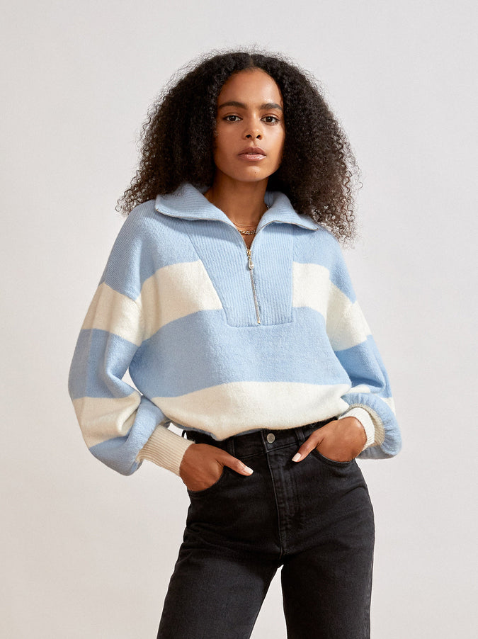 Lorna Blue Striped Alpaca Blend Zip Collar Sweater | KITRI Studio