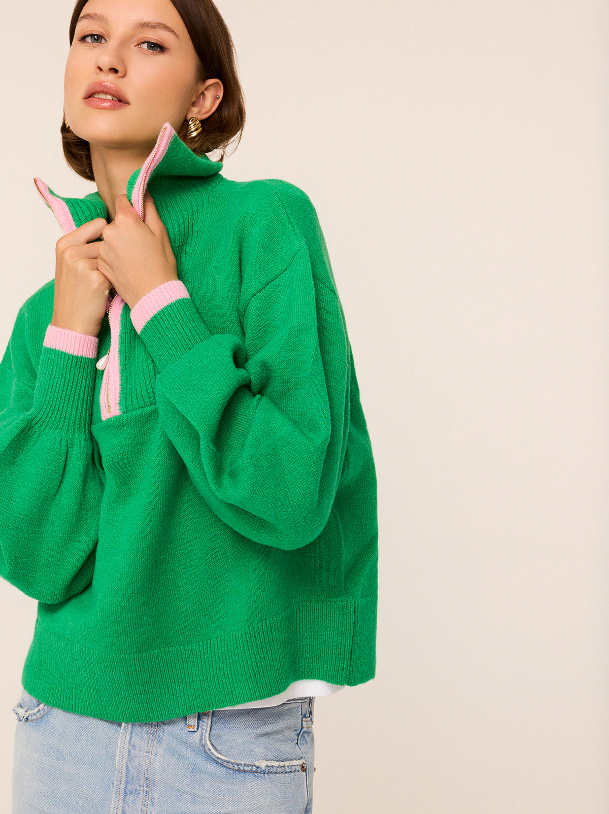 Lorna Green Alpaca Blend Zip Collar Sweater By KITRI Studio