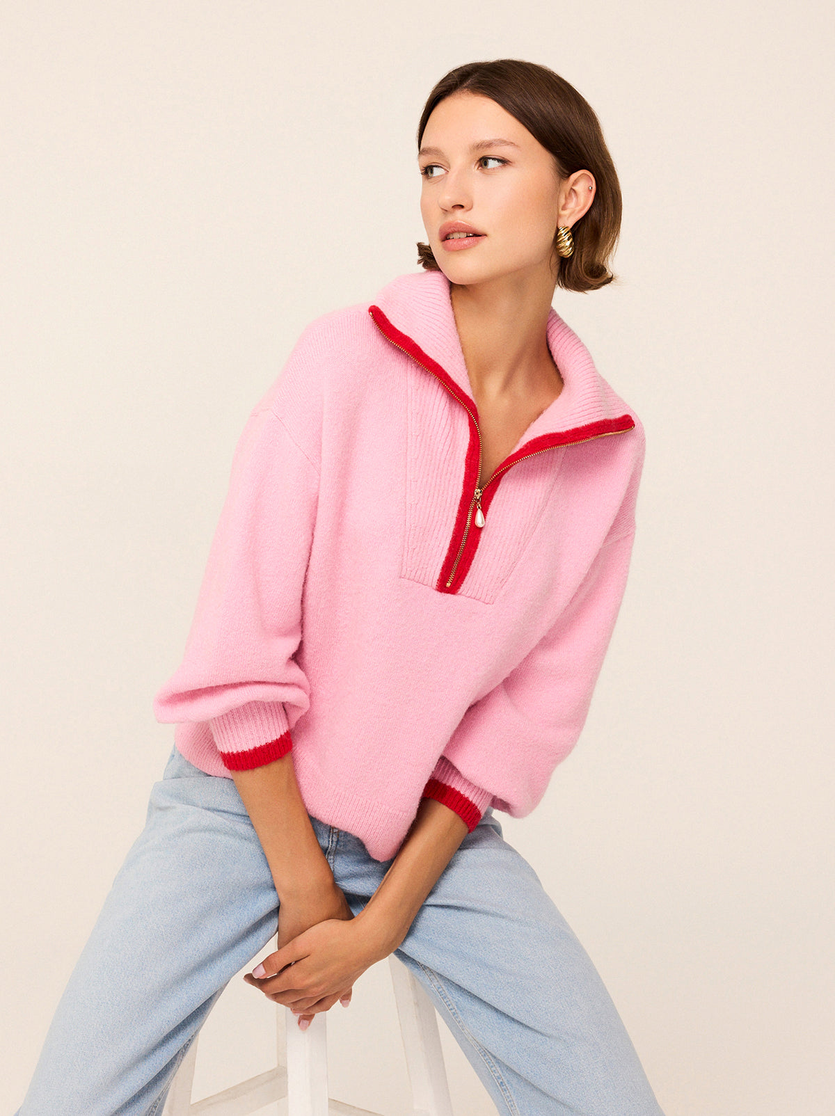 Lorna Pink Alpaca Blend Zip Collar Sweater | KITRI Studio