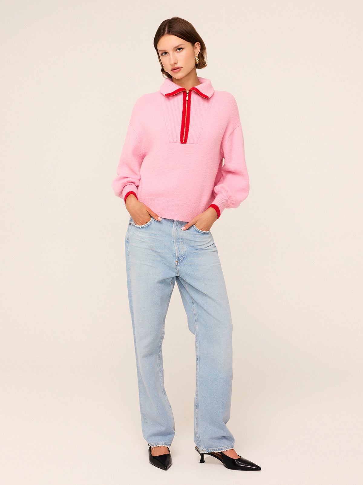 Lorna Pink Alpaca Blend Zip Collar Sweater | KITRI Studio