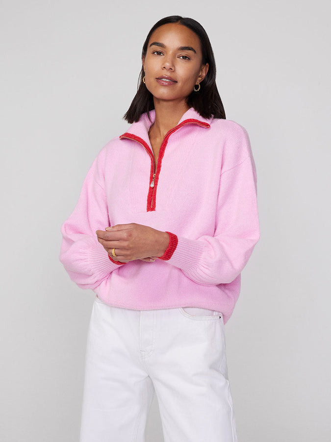 Lorna Pink Alpaca Blend Zip Collar Sweater | KITRI Studio