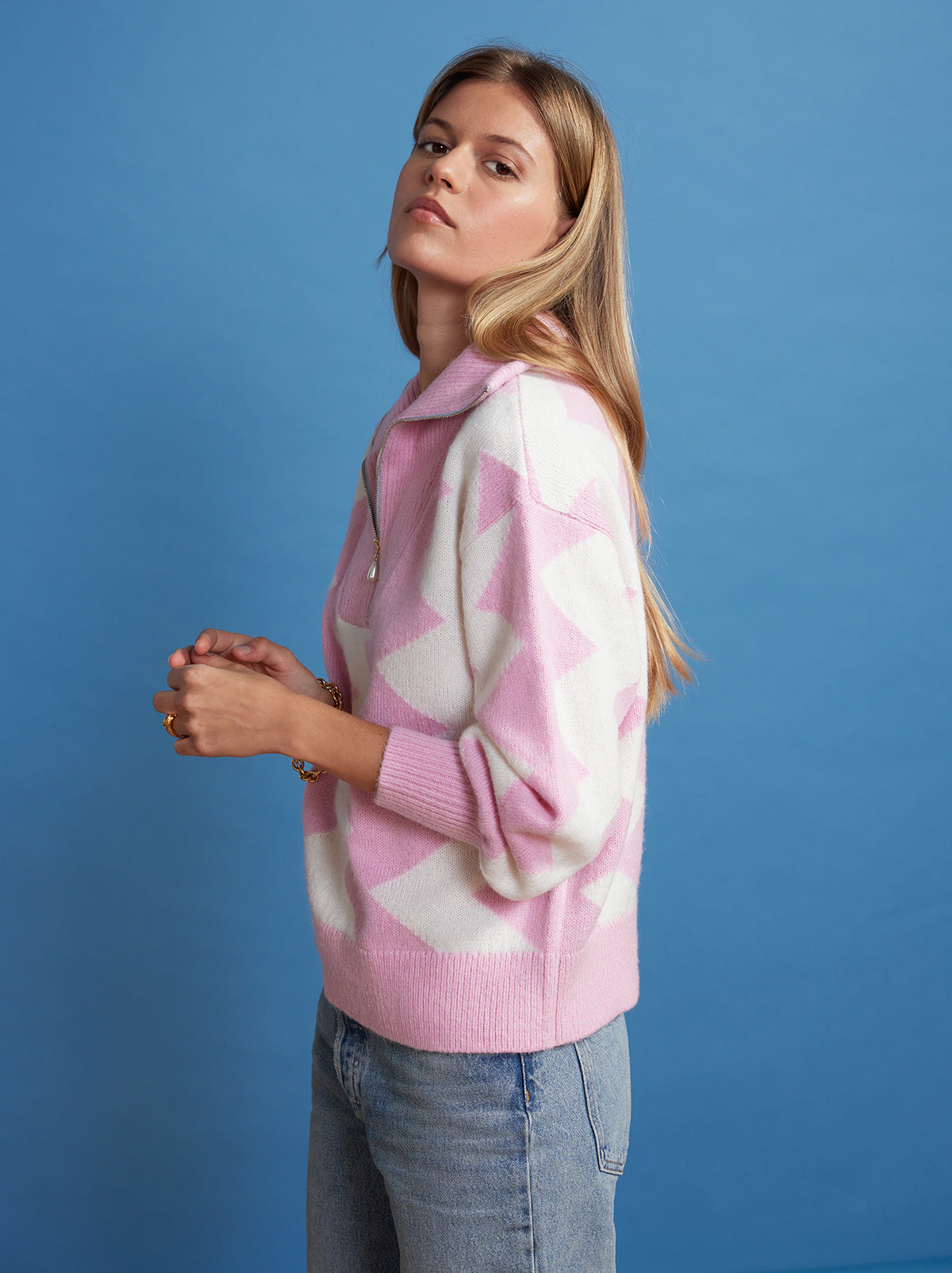 Lorna Pink Zigzag Half-Zip Sweater By KITRI Studio