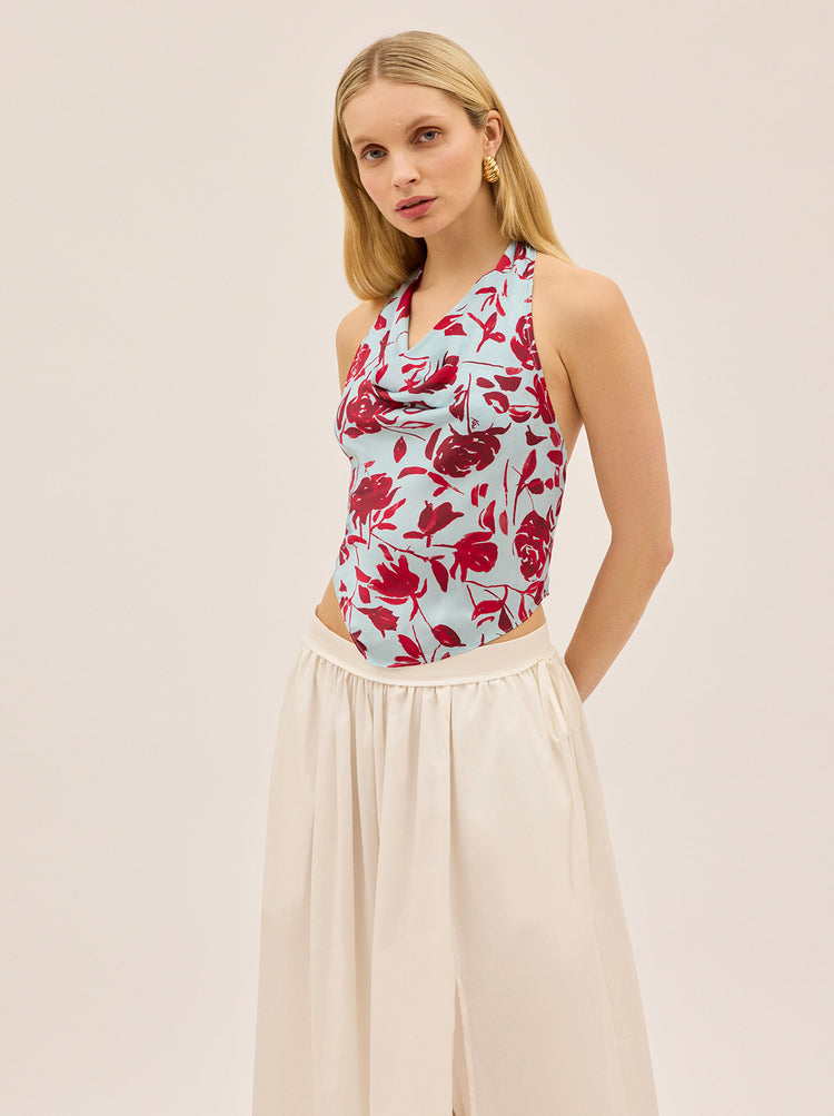Lucille Blue Rose Print Halter Top By KITRI Studio