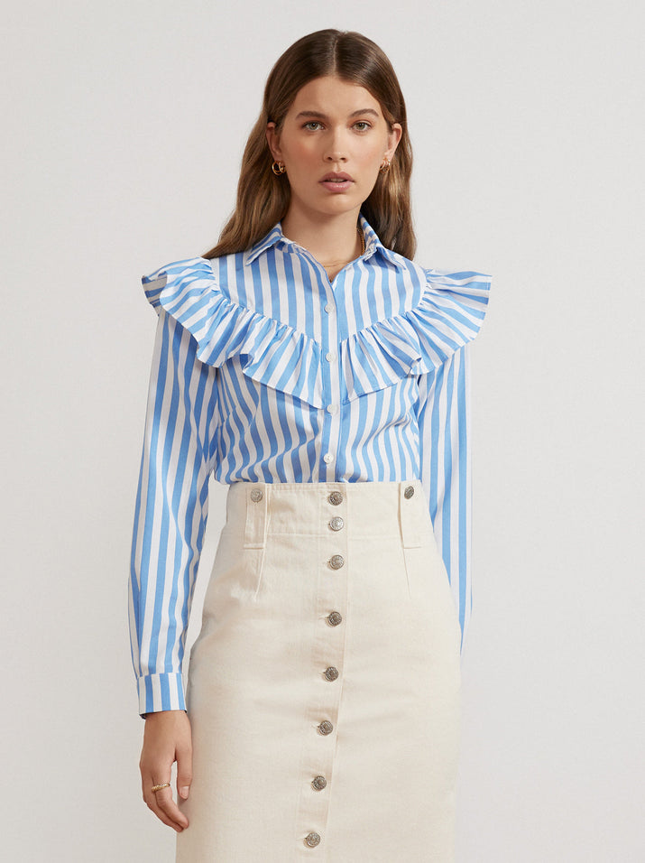 Lucinda Blue Stripe Frill Shirt | KITRI Studio