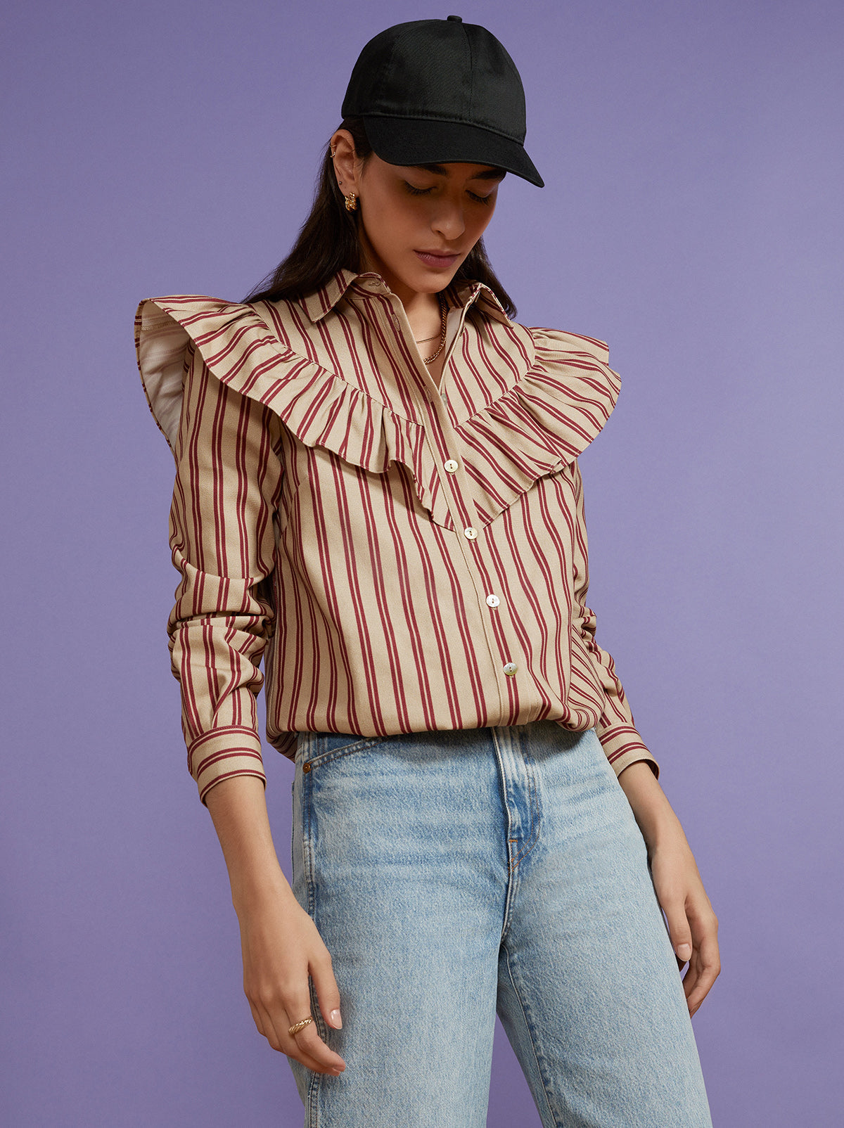 Lucinda Striped Canvas Frilled Shirt By KITRI Studio