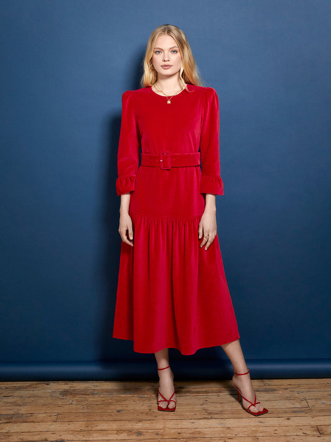 Luna Red Cotton Velvet Midi Dress | KITRI Studio