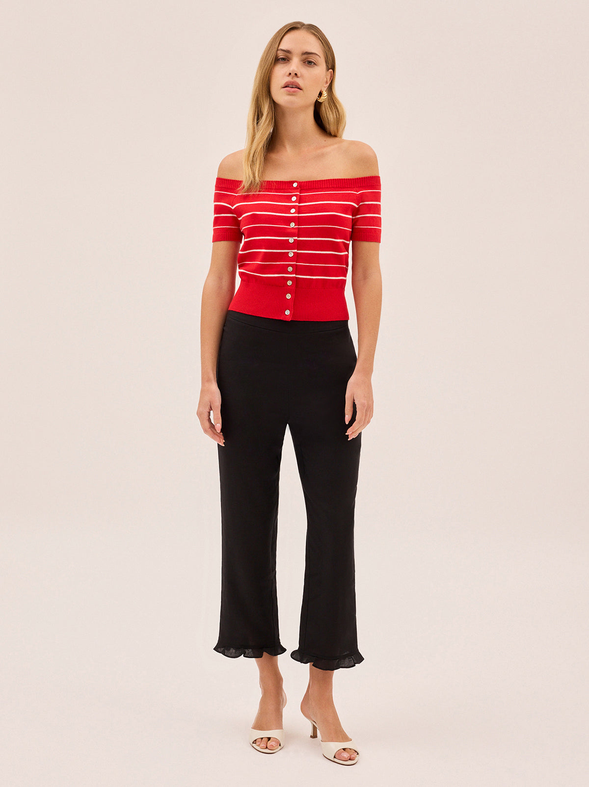 Lyla Red Stripe Bardot Knit Top By KITRI Studio