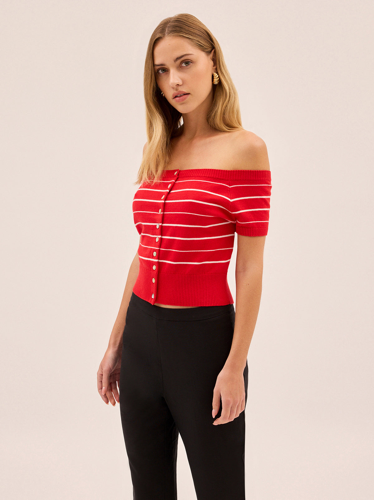 Lyla Red Stripe Bardot Knit Top By KITRI Studio