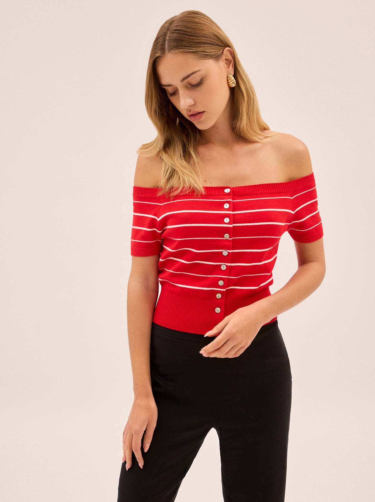 Lyla Red Stripe Bardot Knit Top By KITRI Studio