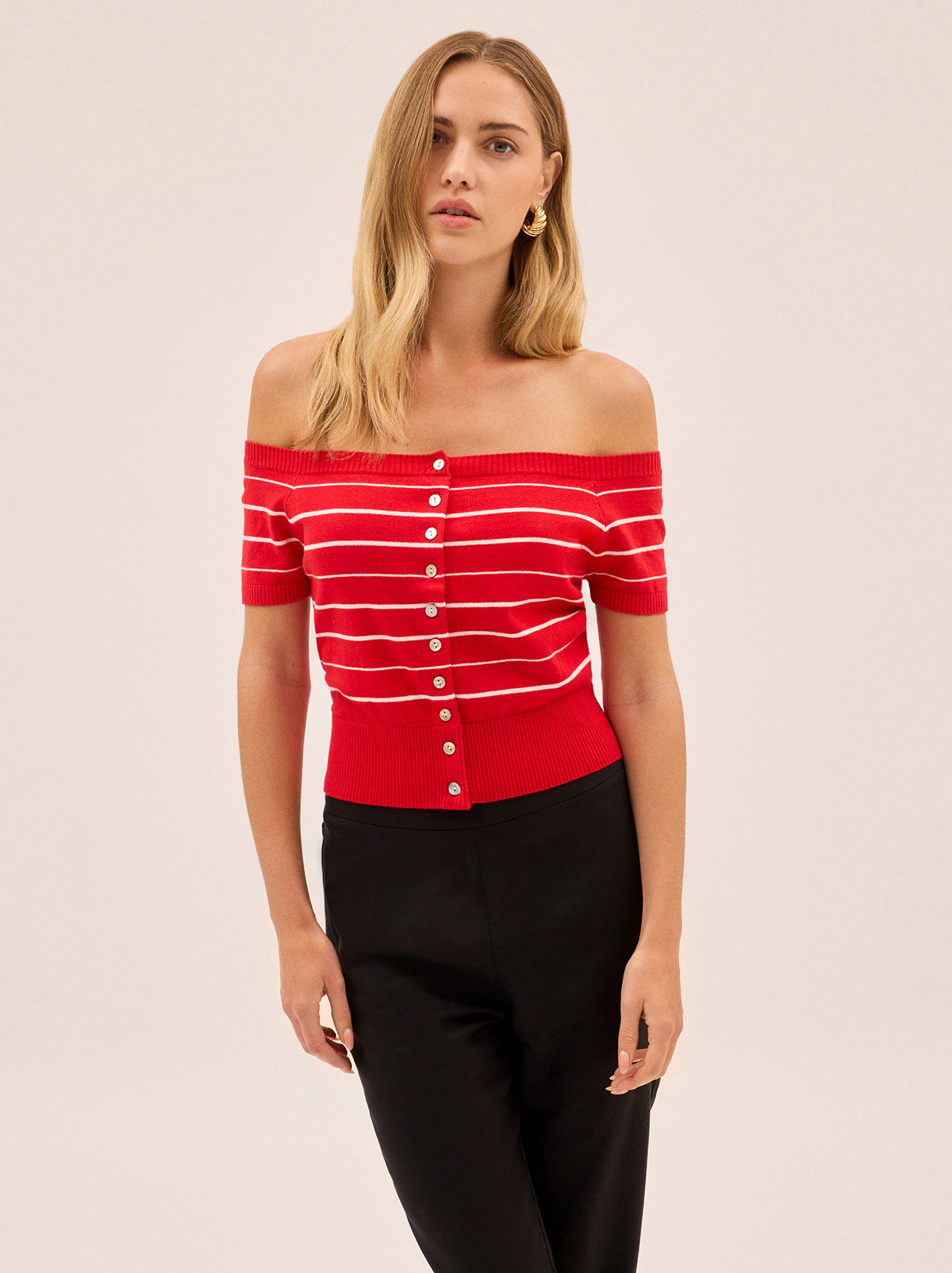 Lyla Red Stripe Bardot Knit Top By KITRI Studio