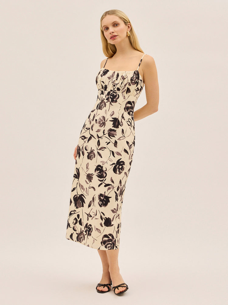 Magda Monochrome Rose Print Midi Dress By KITRI Studio