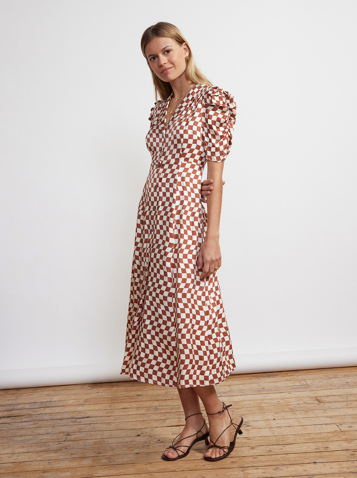 Maguire Brown Wavy Checker Midi Dress By KITRI Studio