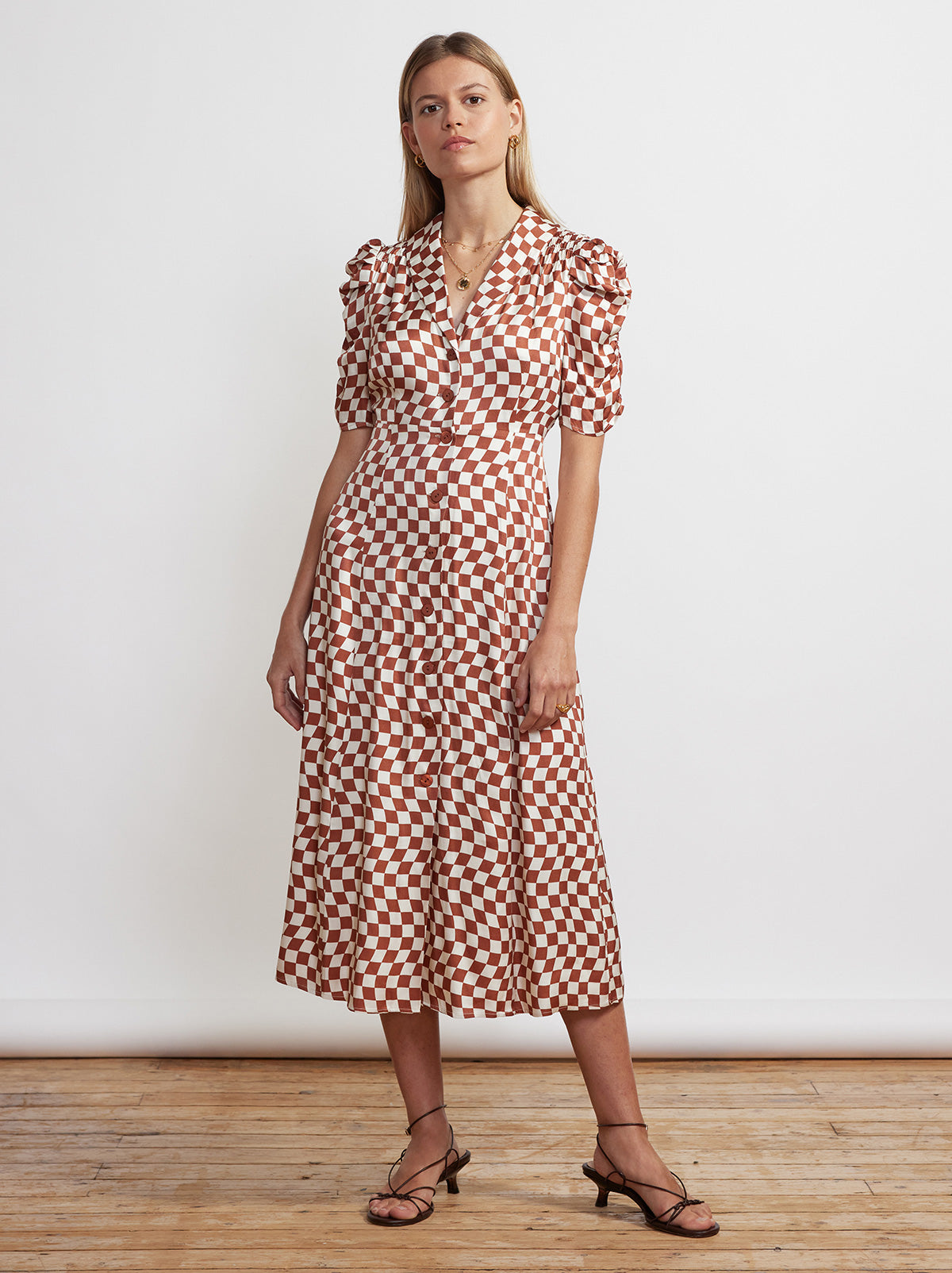 Maguire Brown Wavy Checker Midi Dress By KITRI Studio