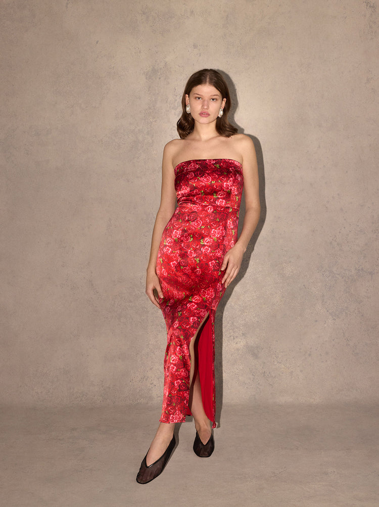 Marcelle Red Roses Print Dress - Marcelle is a sultry, strapless number crafted from our soft, painterly compact Red Roses print on a slightly textured, heavy satin base. Her straight maxi skirt with split back hem provides a figure-flattering fit.