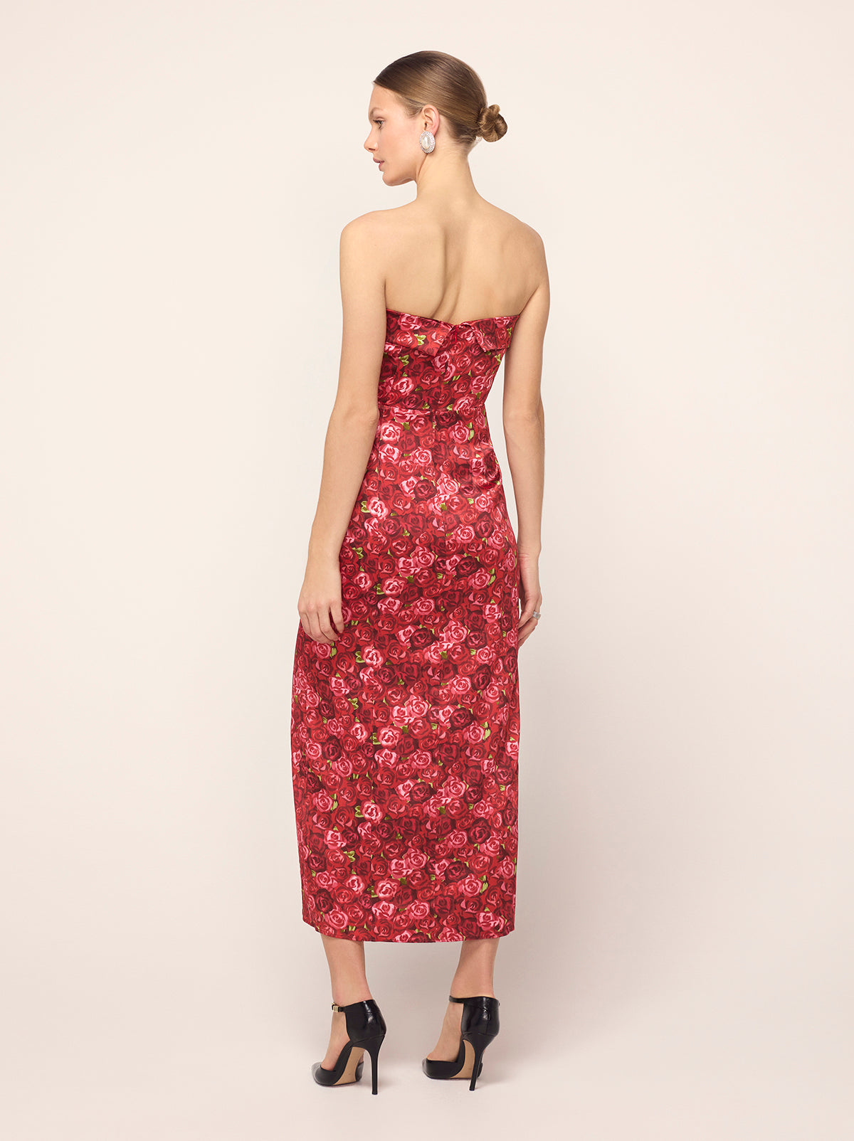 Marcelle Red Roses Print Dress - Marcelle is a sultry, strapless number crafted from our soft, painterly compact Red Roses print on a slightly textured, heavy satin base. Her straight maxi skirt with split back hem provides a figure-flattering fit.